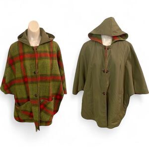 Vintage Pioneer Wear Reversible All Weather Plaid Wool Poncho with Hood